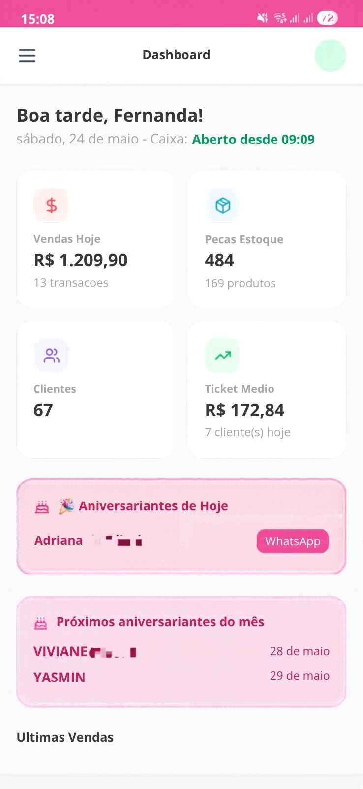 Tela do dashboard Boutiquei mostrando vendas, estoque, clientes e aniversariantes